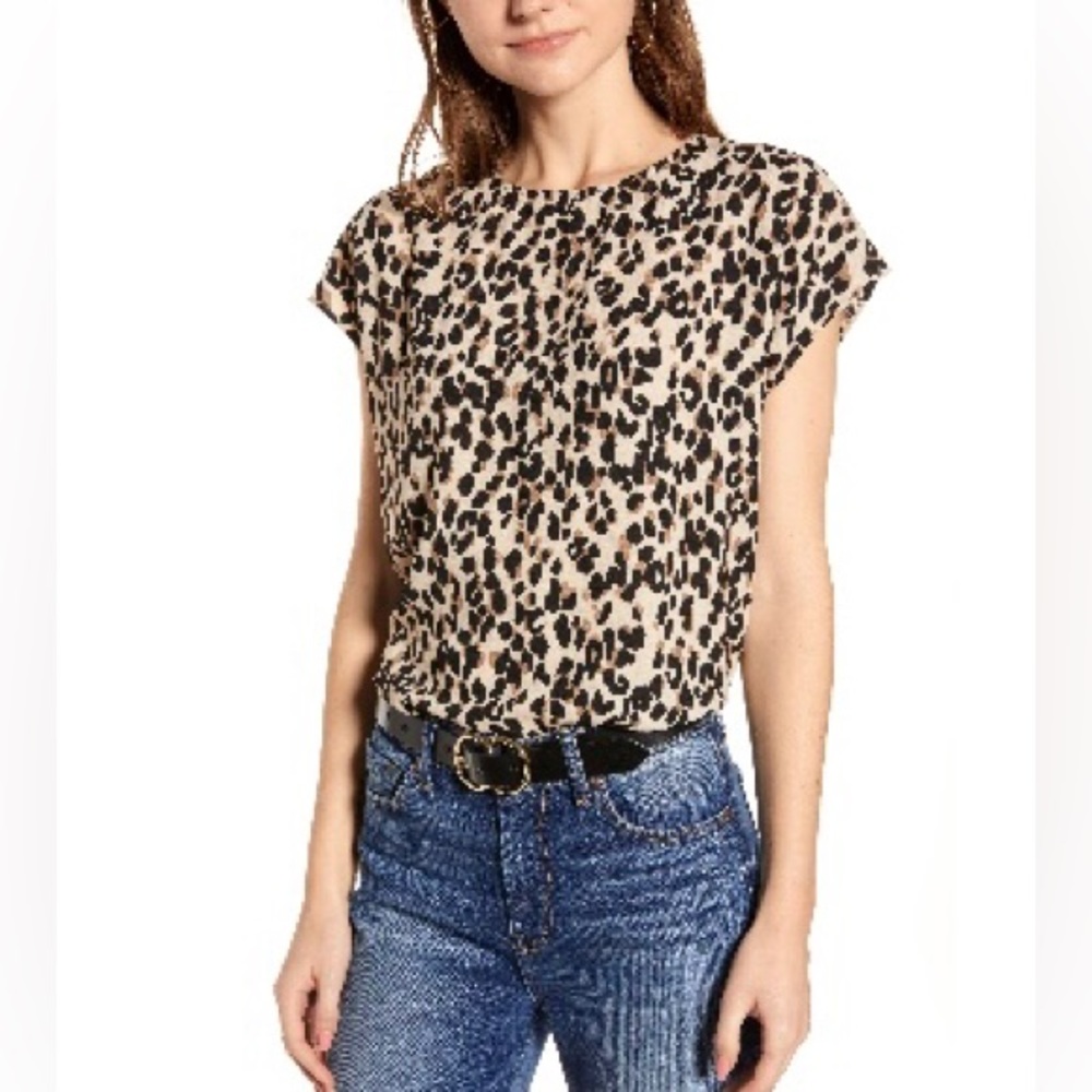 Halogen Cap Sleeve Blouse - Tan animal print